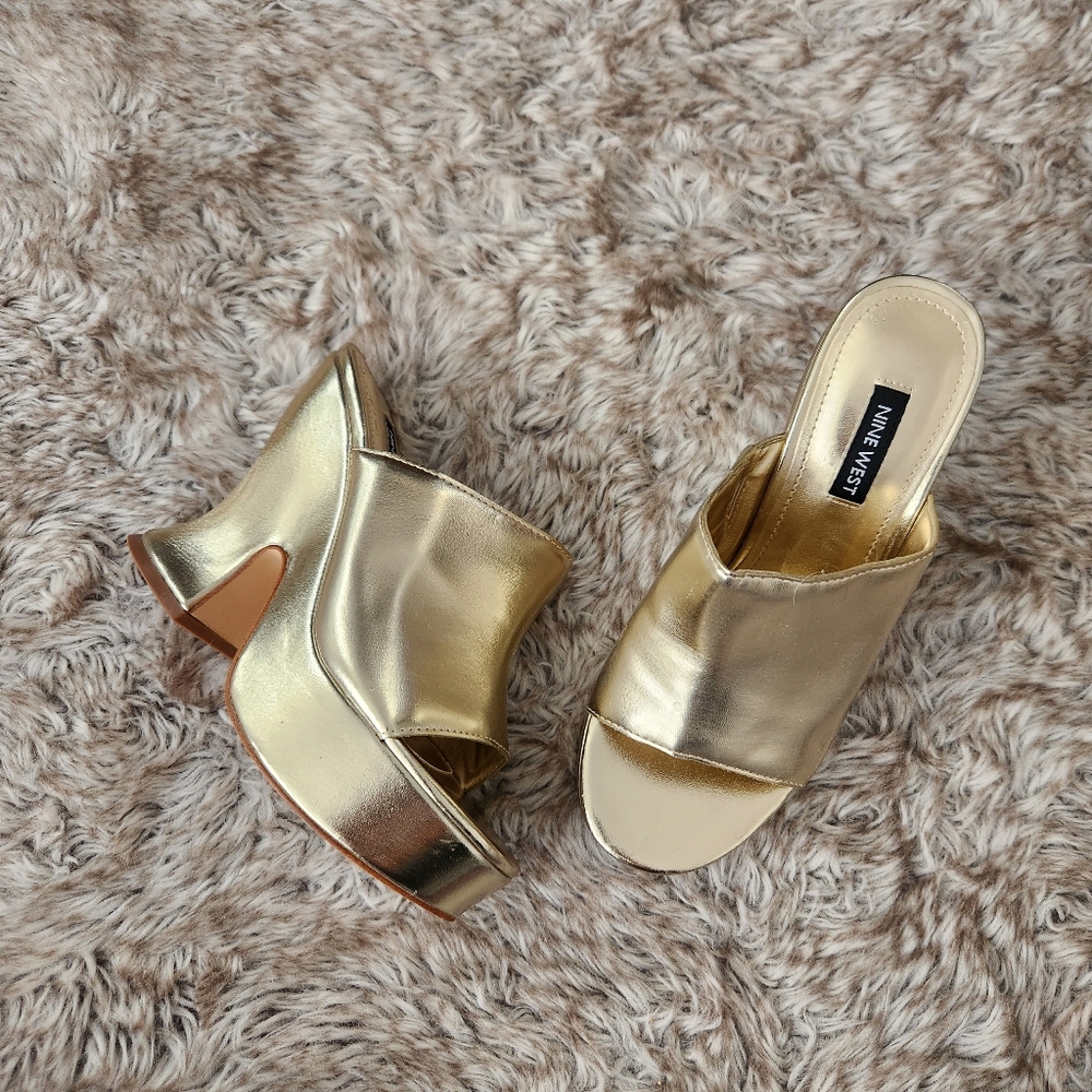 Nine West Flower Platform Slide Sandal Mules Gold Women's Size 6 1/2